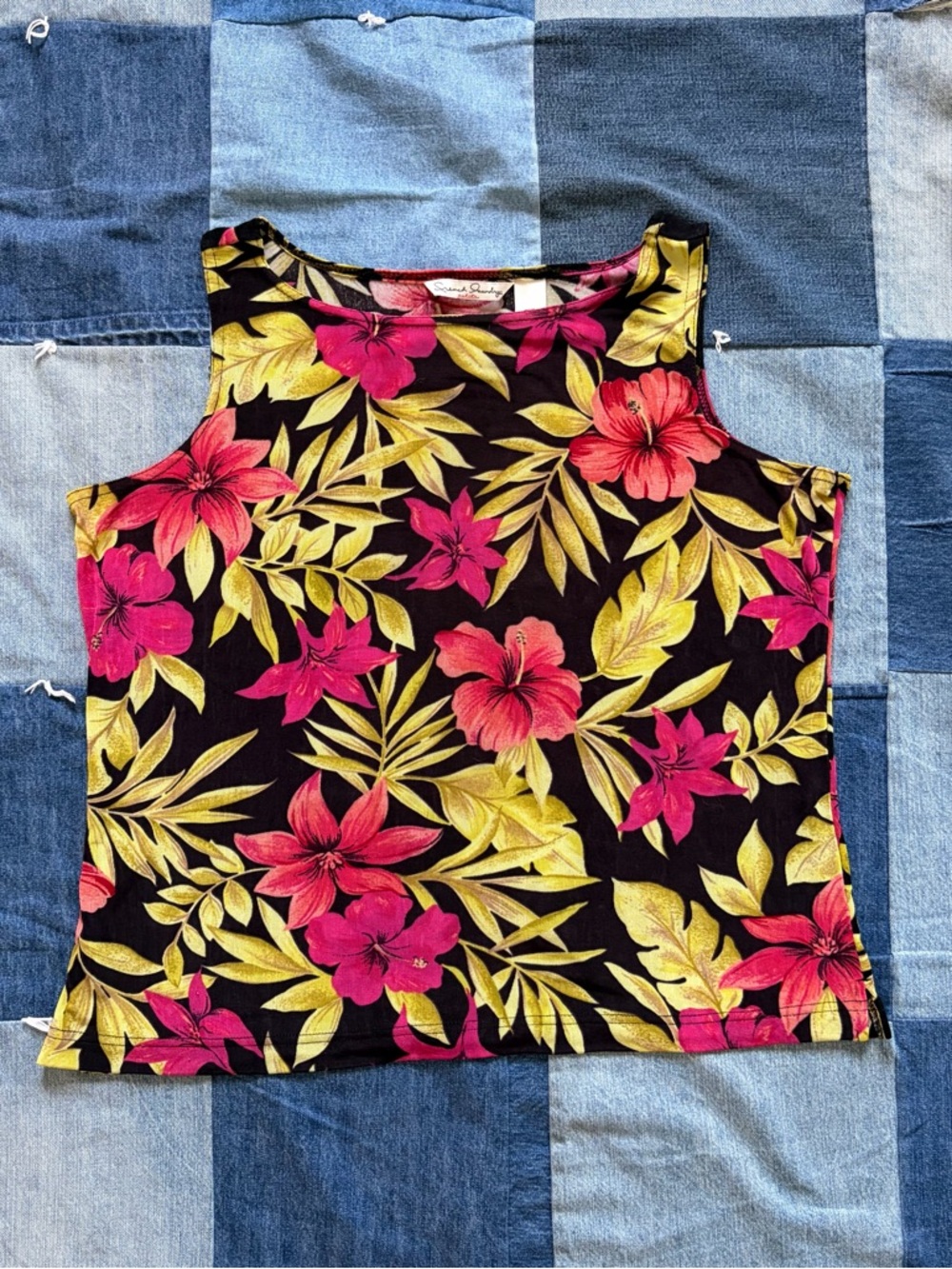 VTG french laundry floral tank top black pink green Hawaiian hibiscus petite XL